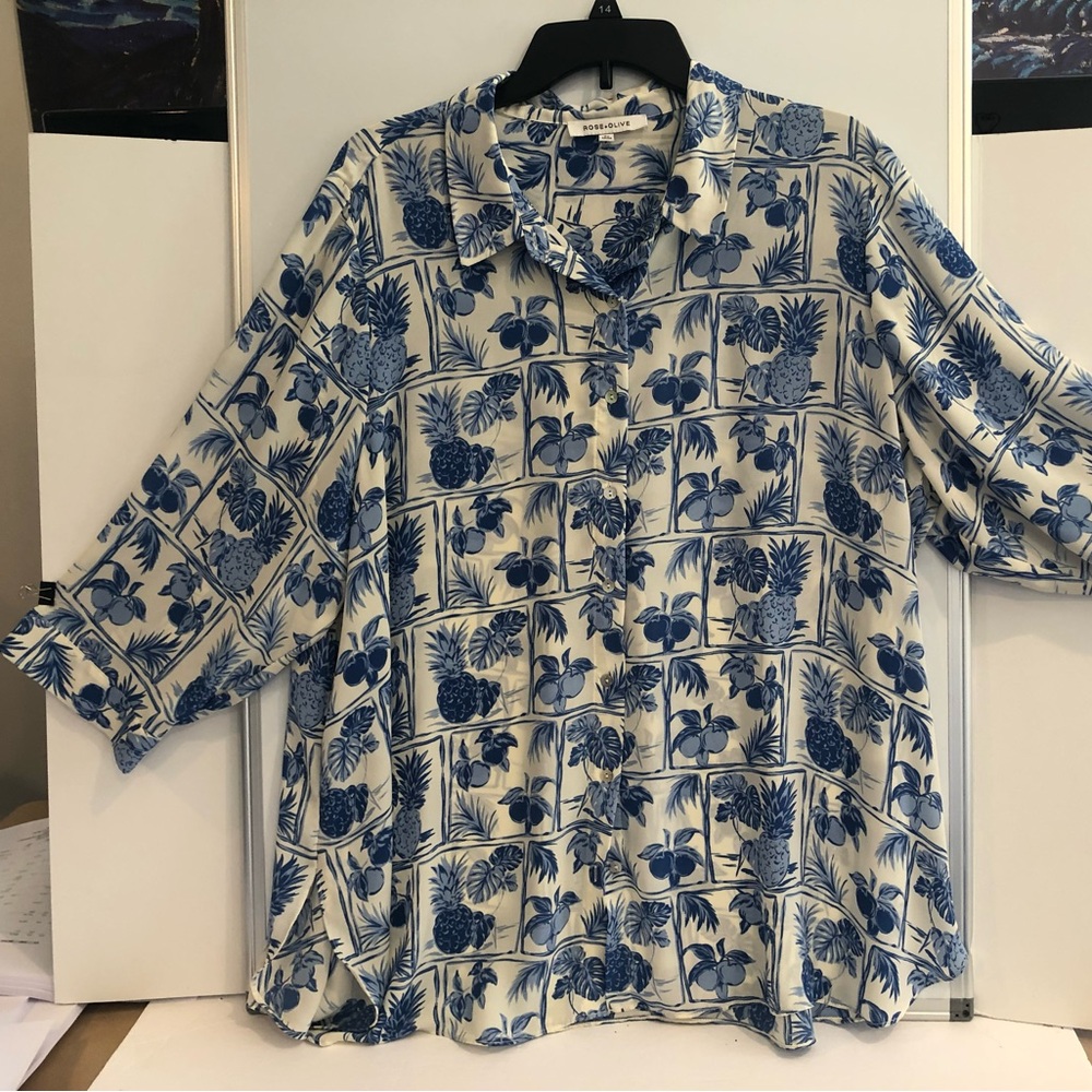 Rose & Olive Blue and White Floral Blouse